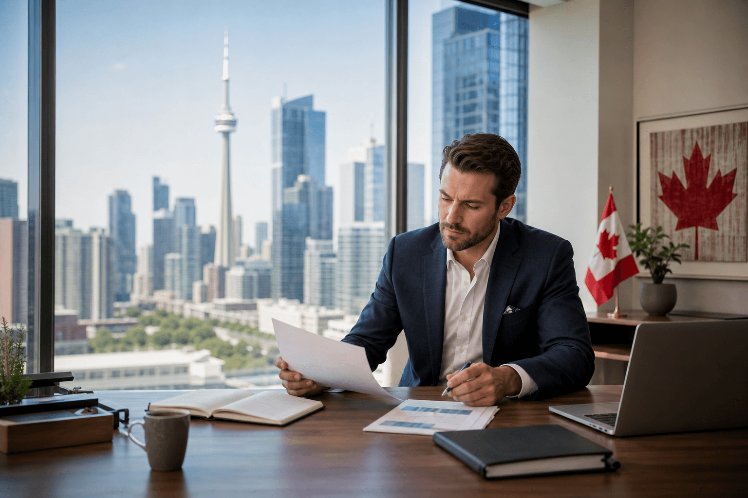 Canadian flag and skyline representing a long-term citizenship plan