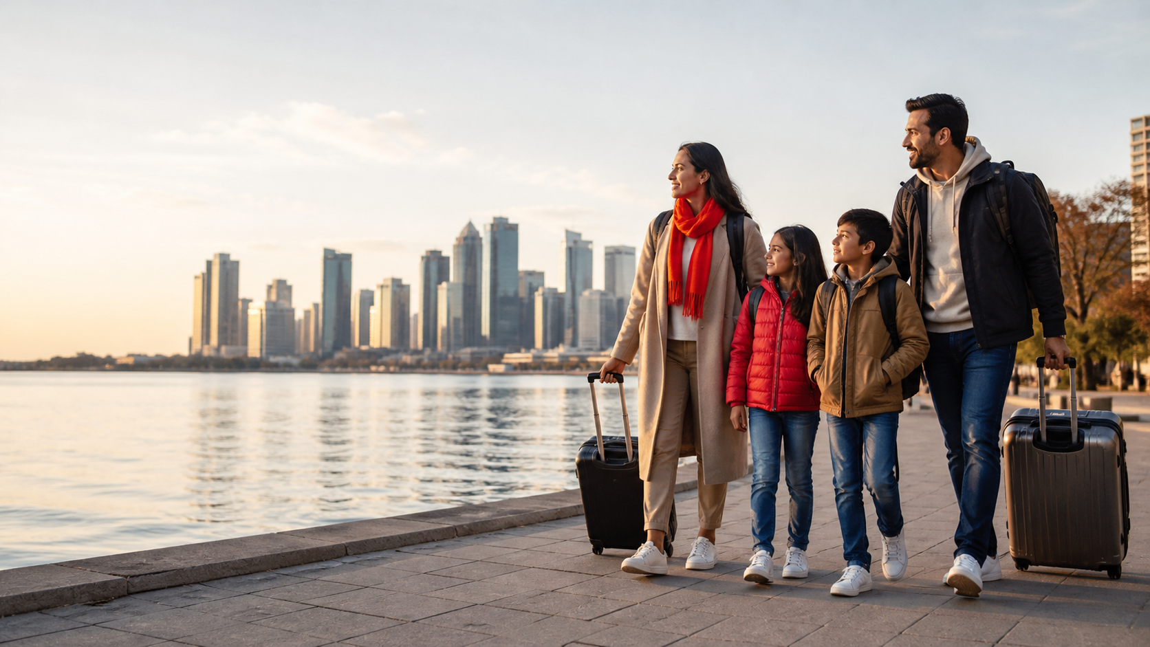 A family arriving in a Canadian city